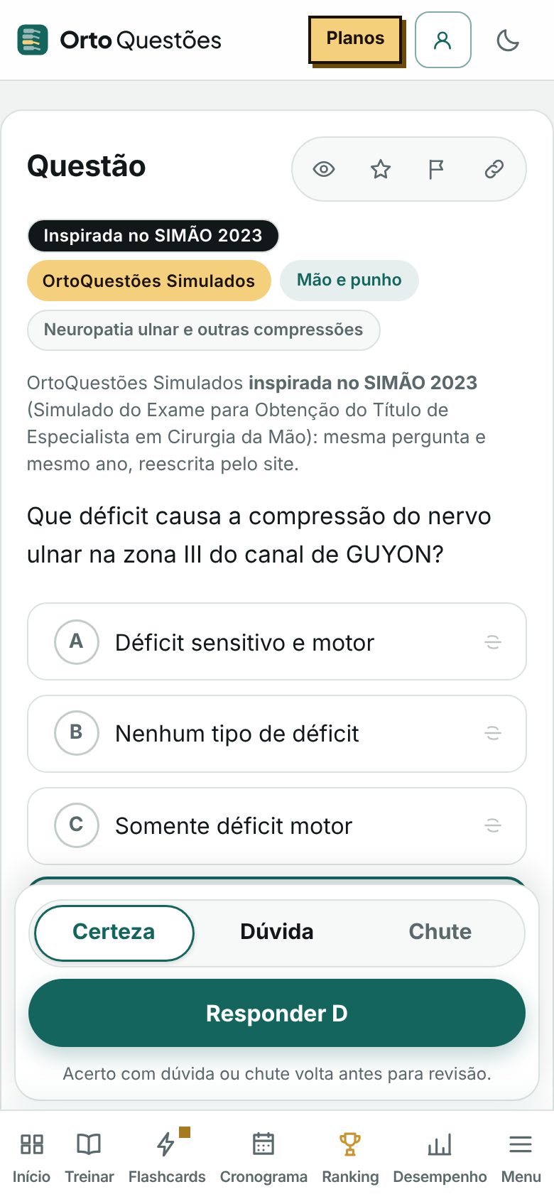 A mesma questão de cirurgia da mão no celular, com a alternativa D marcada e o botão Responder D